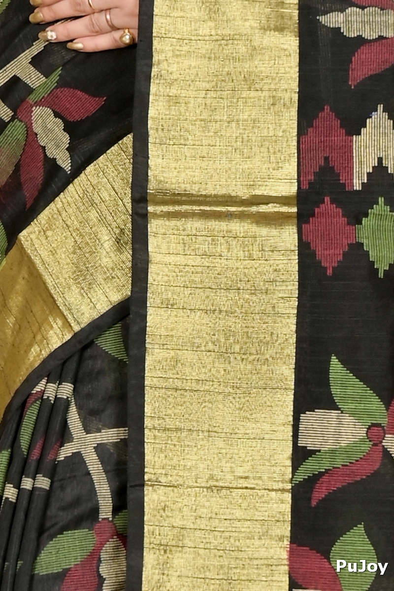 Black Blended Cotton Narento Hand Loom Saree (1729)