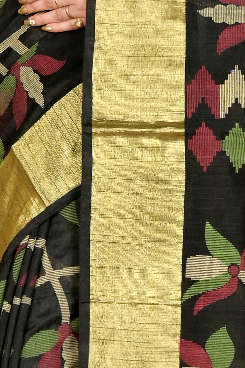 Black Blended Cotton Narento Hand Loom Saree (1729)