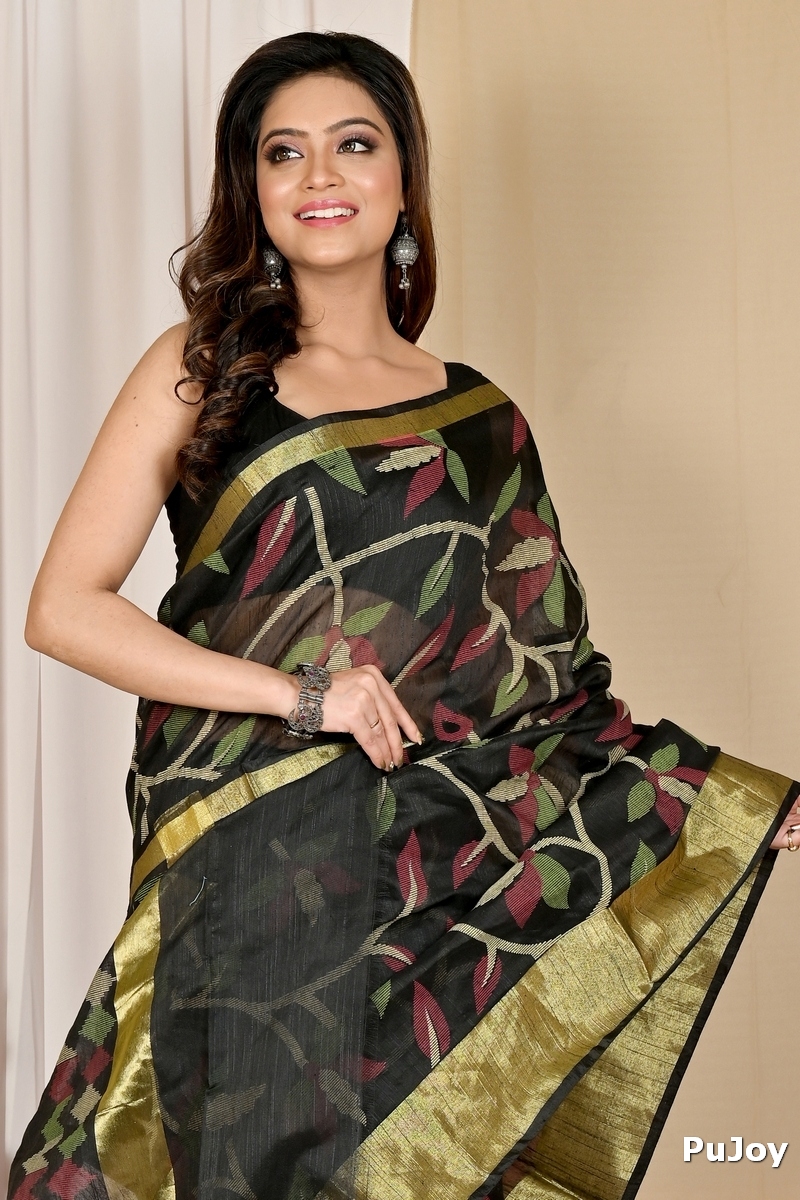 Black Blended Cotton Narento Hand Loom Saree (1729)
