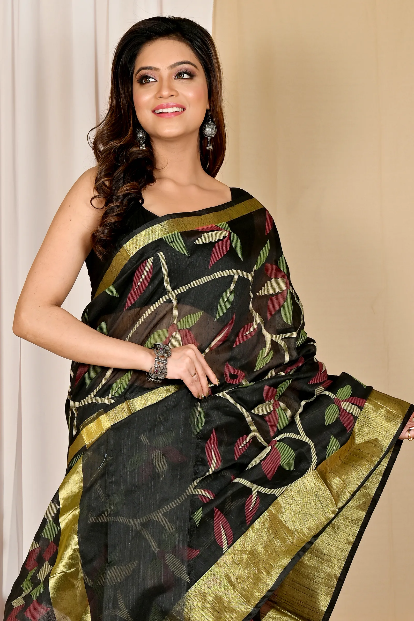 Black Blended Cotton Narento Hand Loom Saree (1729)
