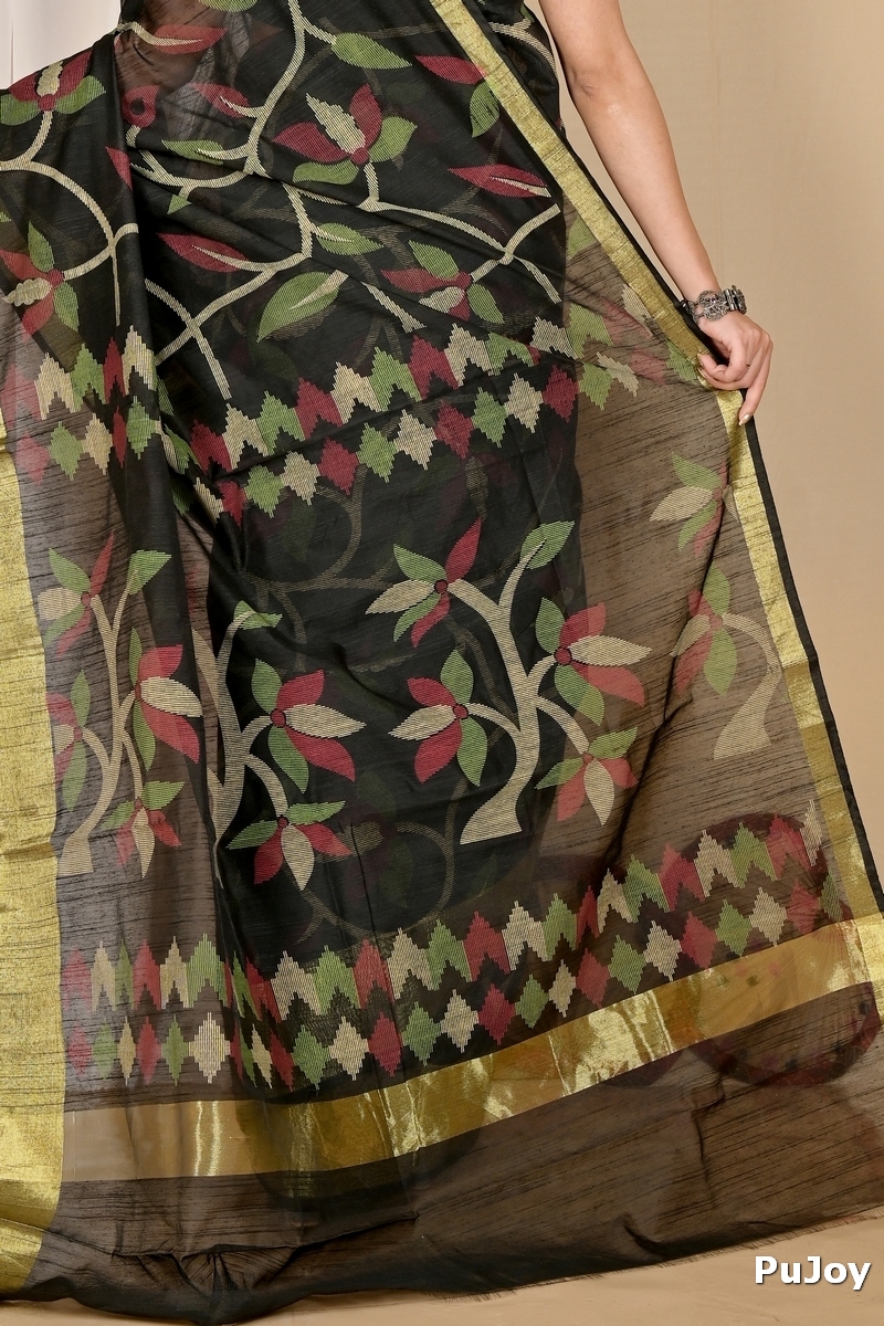 Black Blended Cotton Narento Hand Loom Saree (1729)