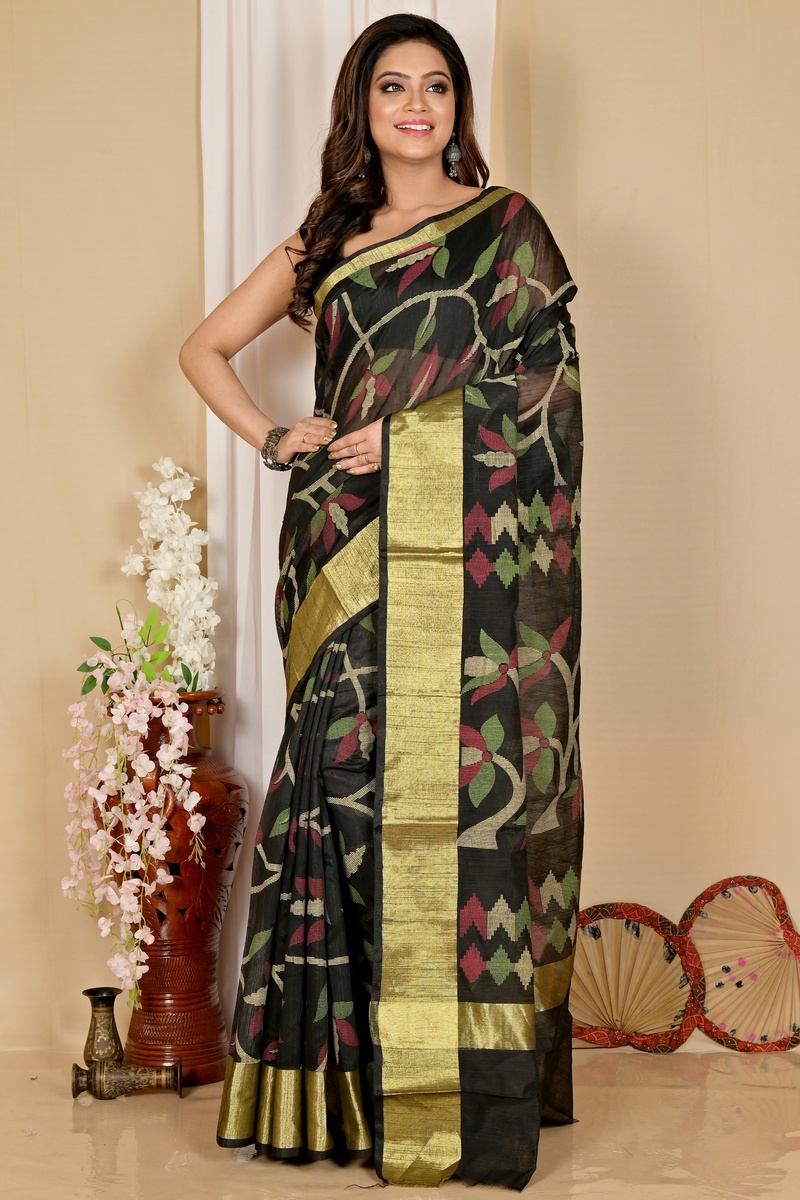Black Blended Cotton Narento Hand Loom Saree (1729)