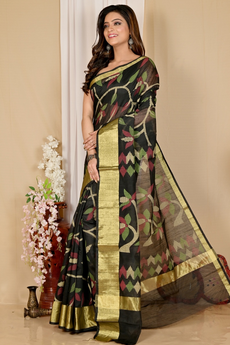 Black Blended Cotton Narento Hand Loom Saree (1729)