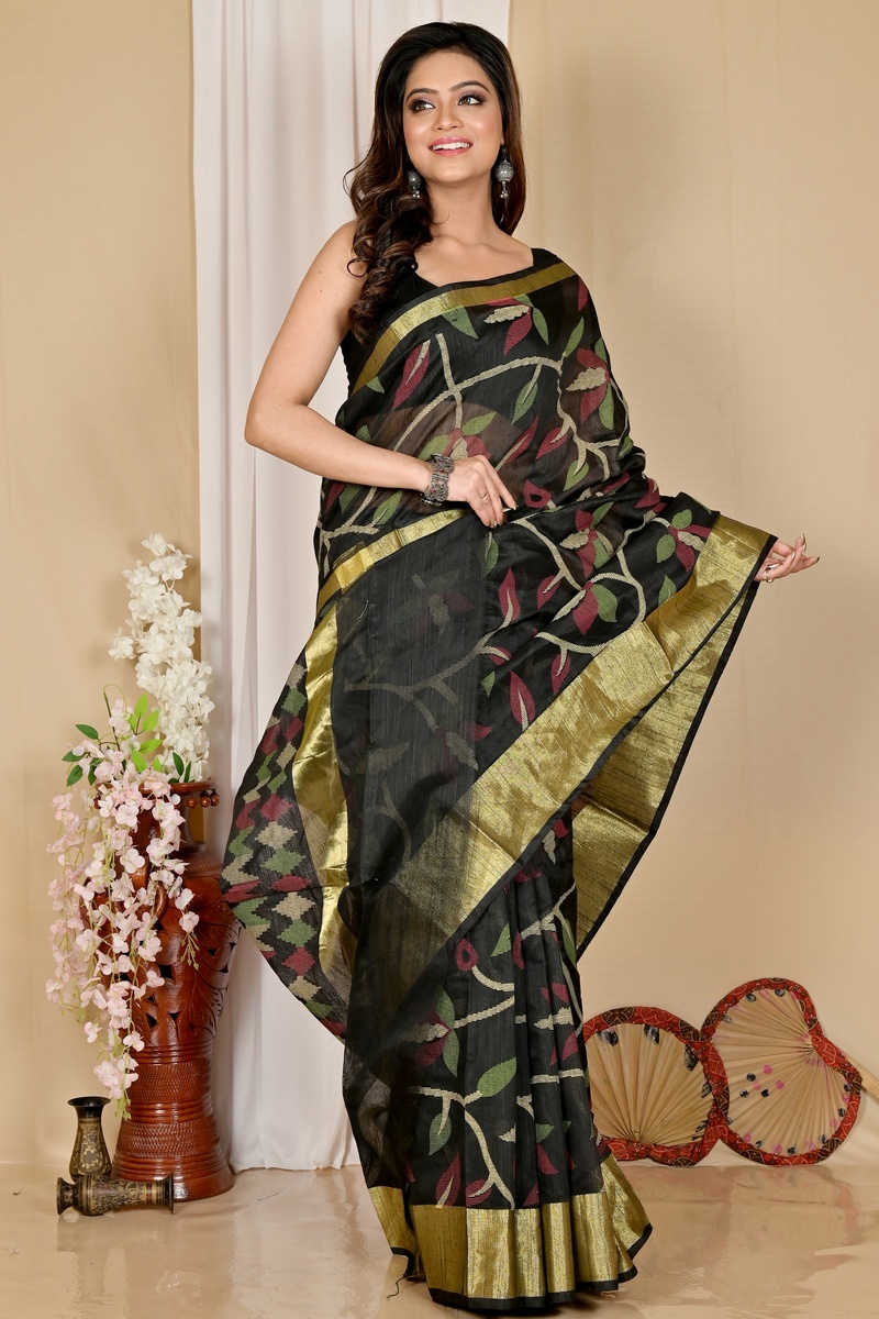 Black Blended Cotton Narento Hand Loom Saree (1729)