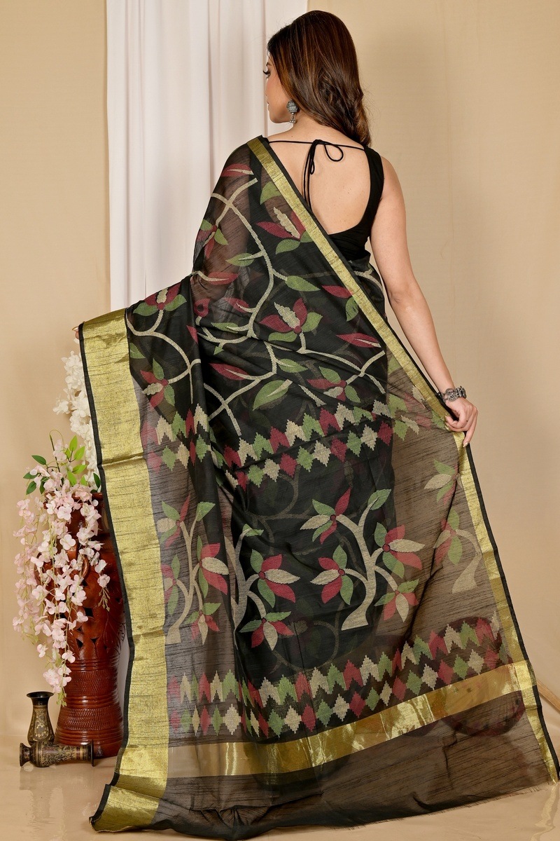 Black Blended Cotton Narento Hand Loom Saree (1729)