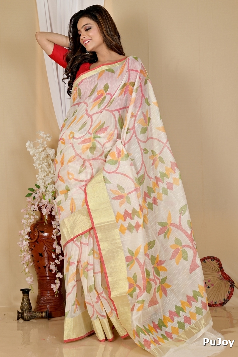 Off White Blended Cotton Narento Hand Loom Saree (1730)