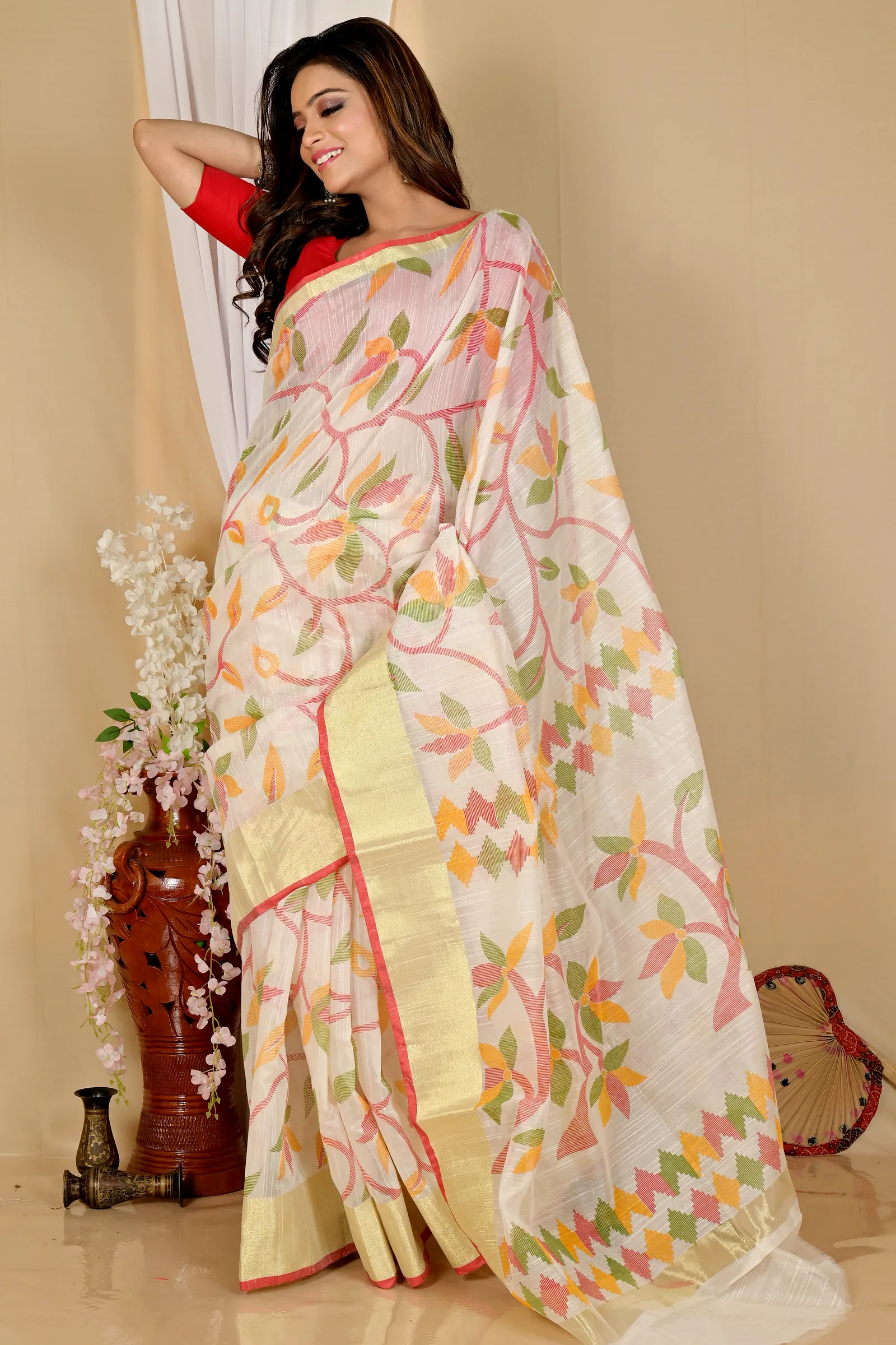Off White Blended Cotton Narento Hand Loom Saree (1730)