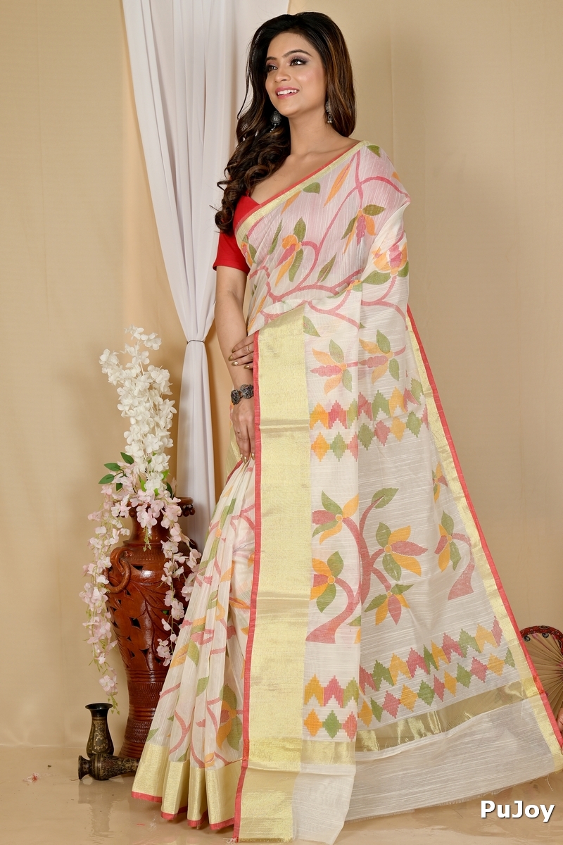 Off White Blended Cotton Narento Hand Loom Saree (1730)
