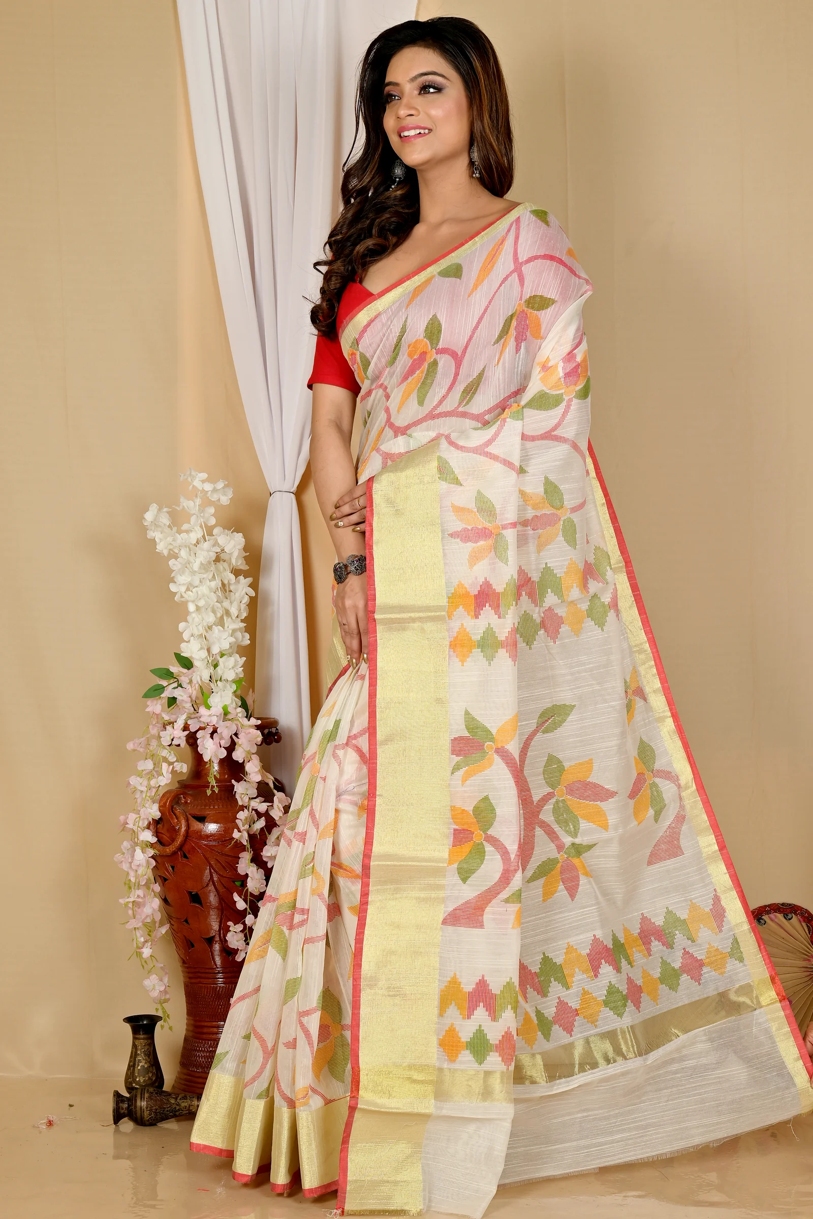 Off White Blended Cotton Narento Hand Loom Saree (1730)