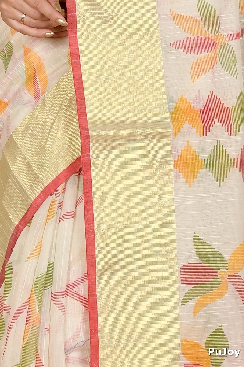 Off White Blended Cotton Narento Hand Loom Saree (1730)