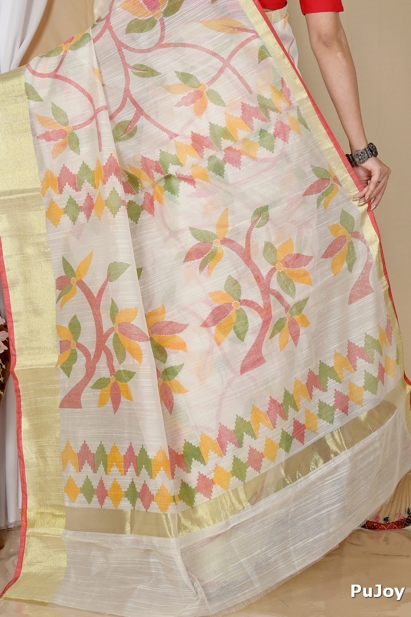 Off White Blended Cotton Narento Hand Loom Saree (1730)