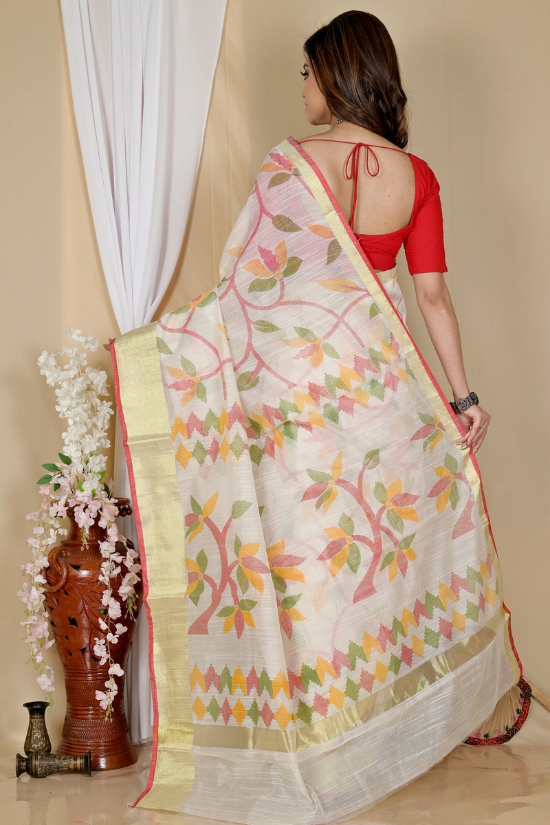 Off White Blended Cotton Narento Hand Loom Saree (1730)