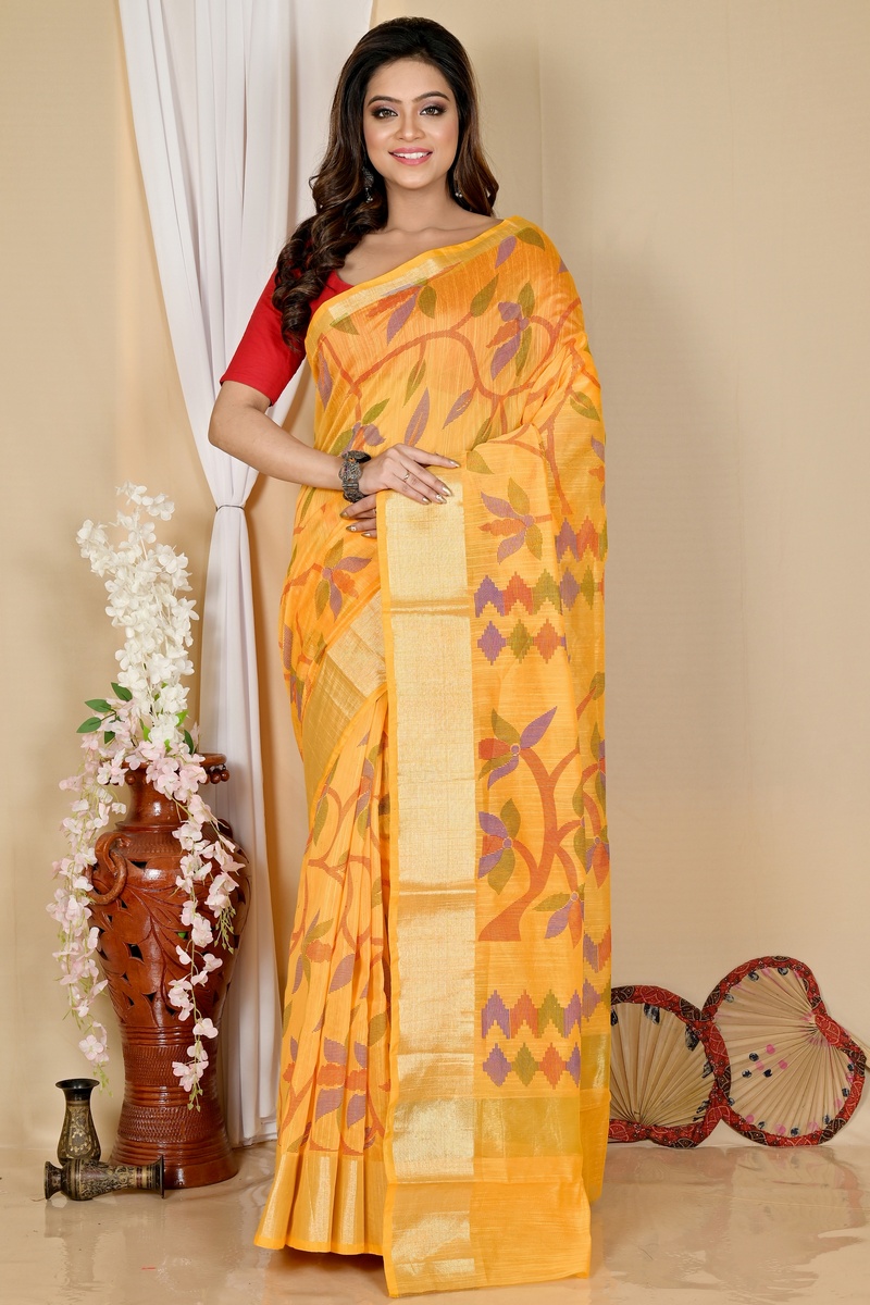 Yellow Blended Cotton Narento Hand Loom Saree (1731)
