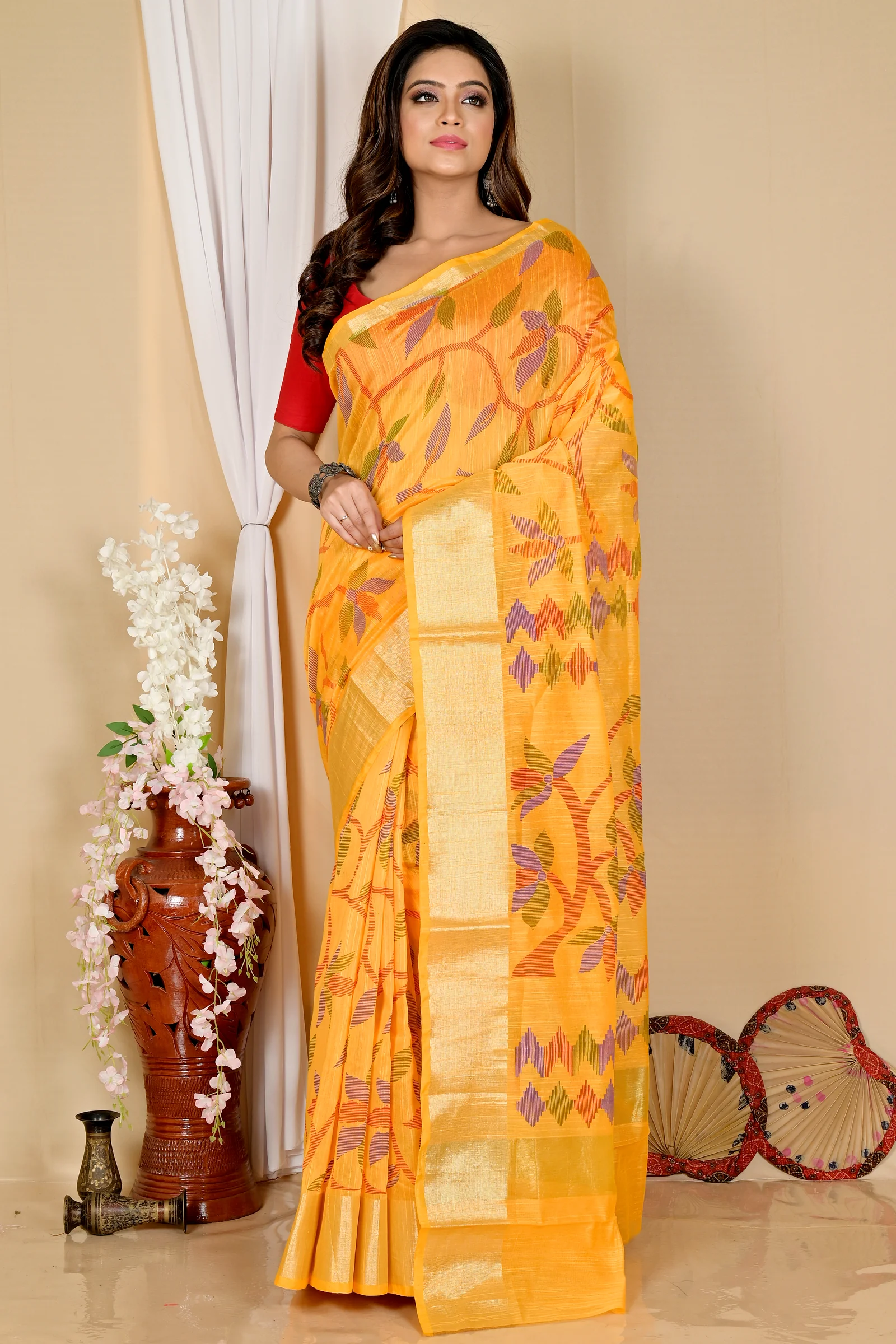 Yellow Blended Cotton Narento Hand Loom Saree (1731)