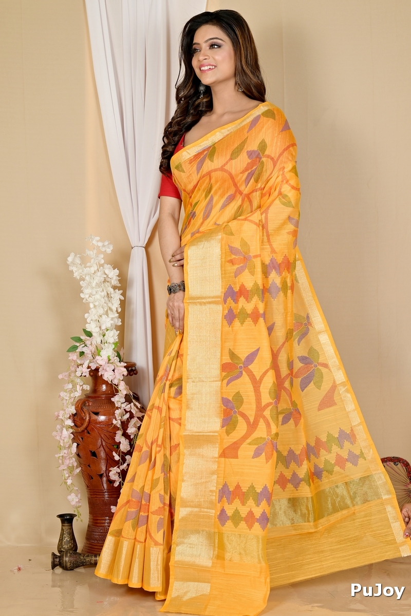 Yellow Blended Cotton Narento Hand Loom Saree (1731)