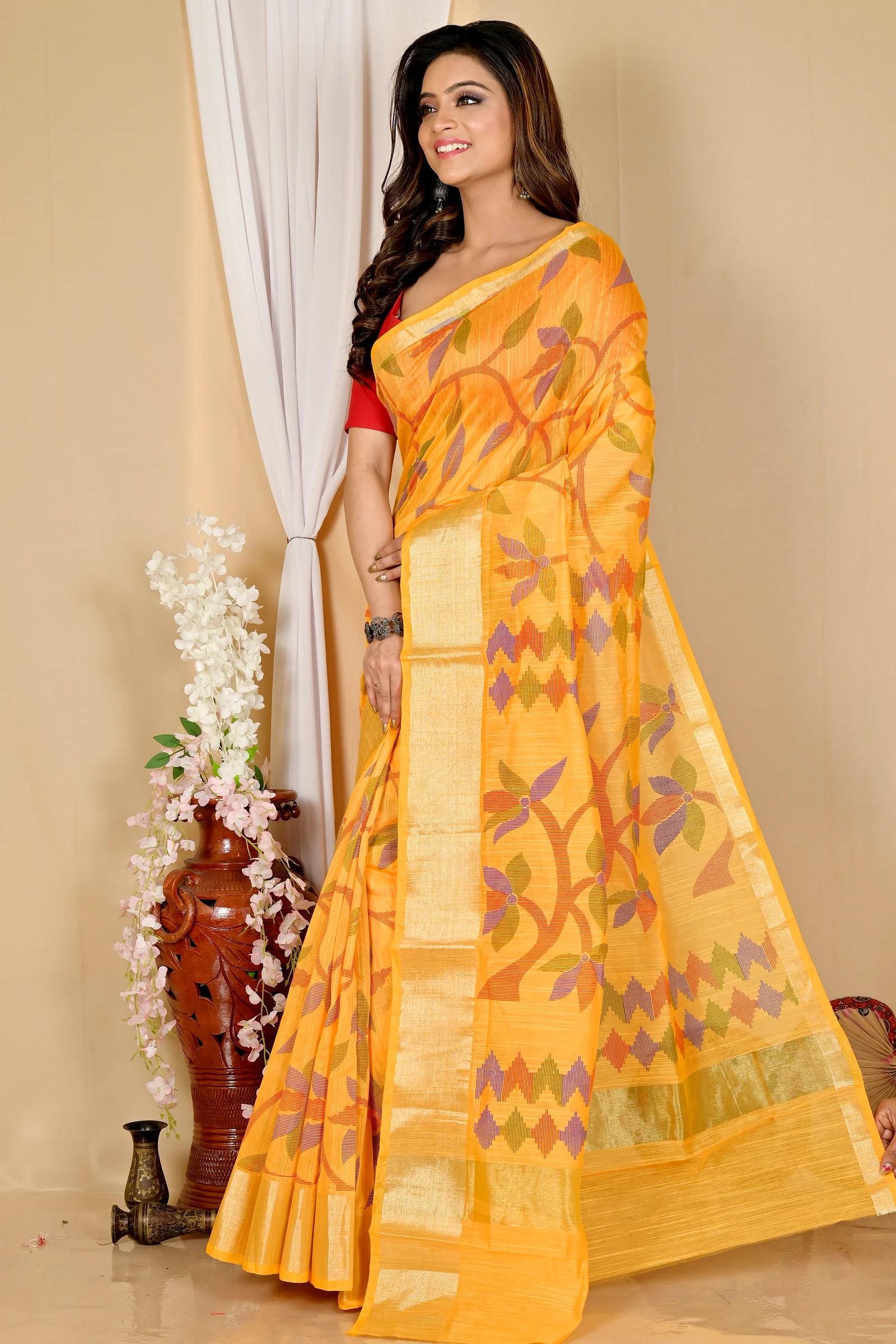 Yellow Blended Cotton Narento Hand Loom Saree (1731)