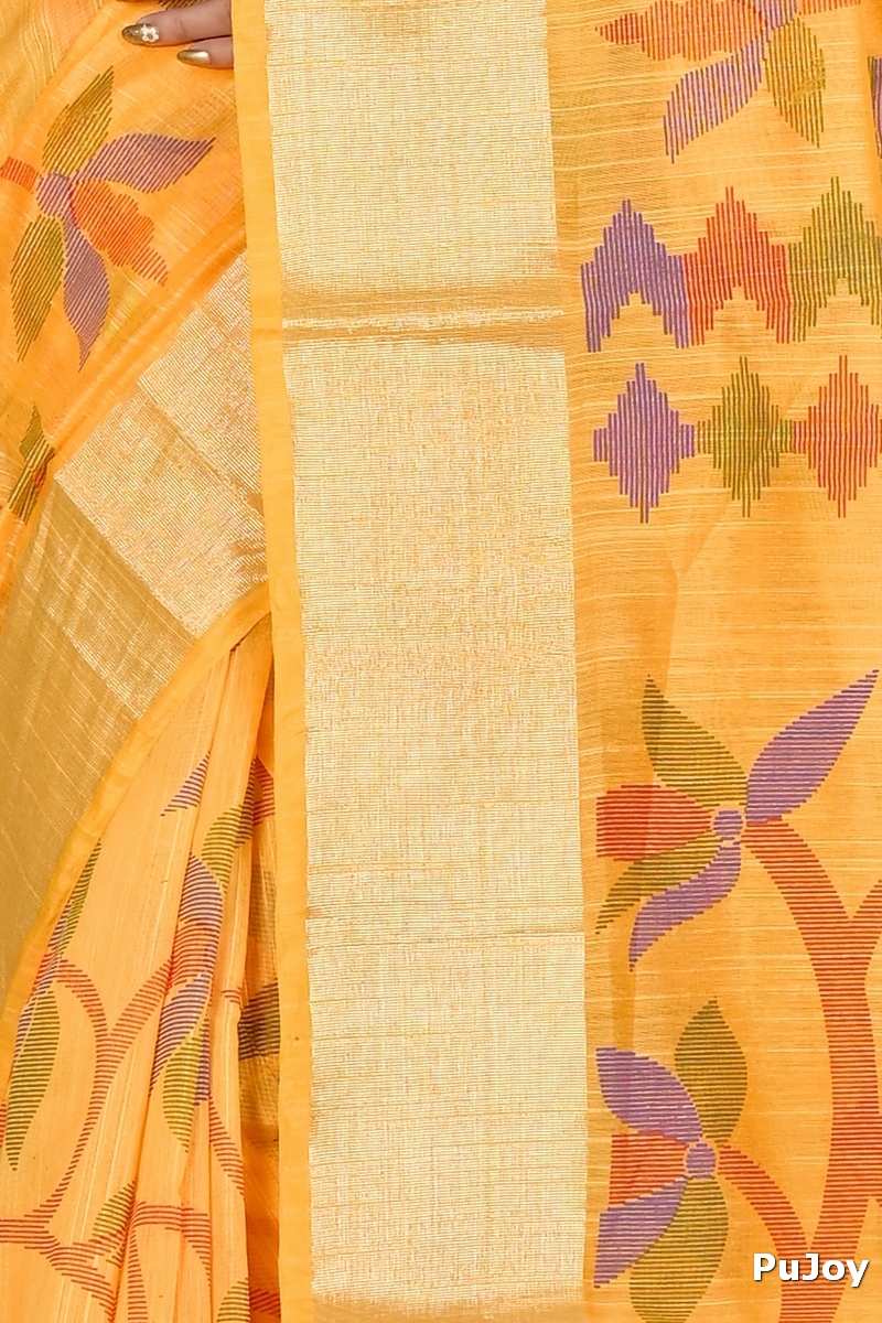Yellow Blended Cotton Narento Hand Loom Saree (1731)