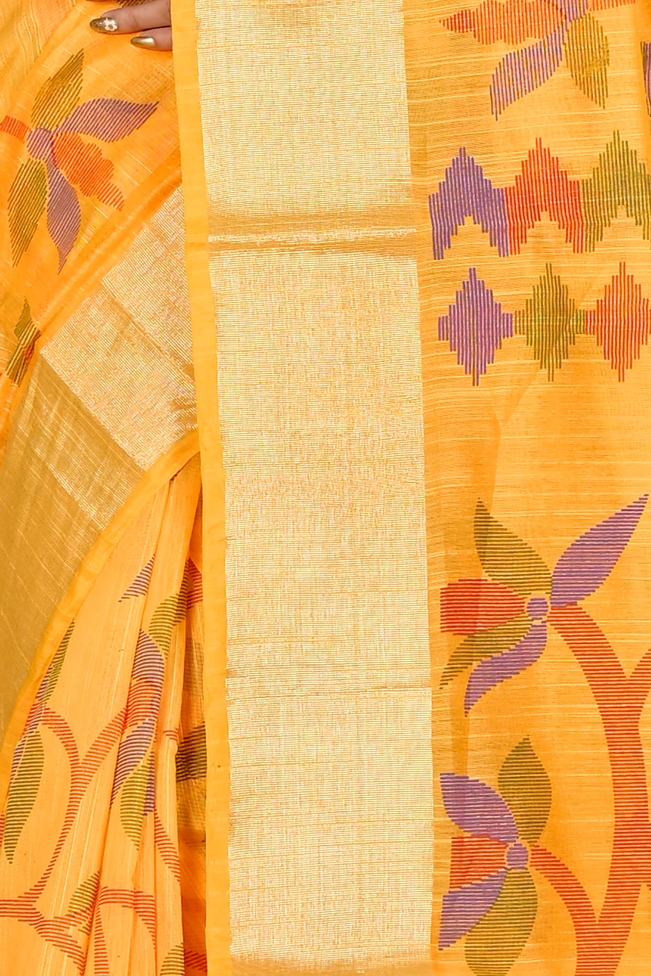 Yellow Blended Cotton Narento Hand Loom Saree (1731)
