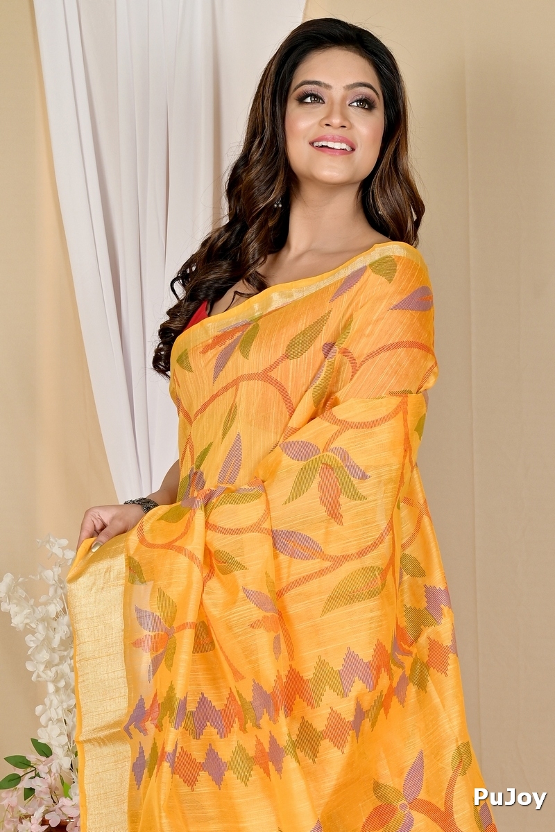Yellow Blended Cotton Narento Hand Loom Saree (1731)