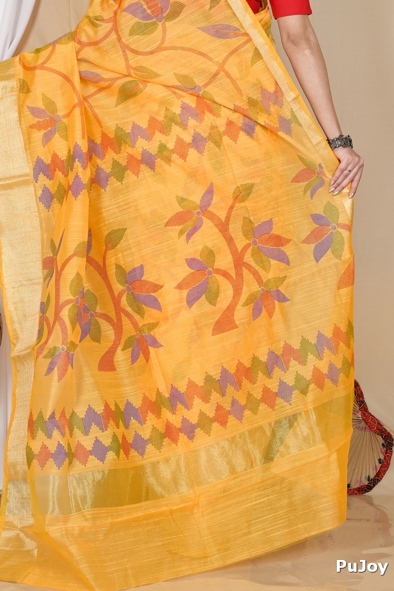 Yellow Blended Cotton Narento Hand Loom Saree (1731)