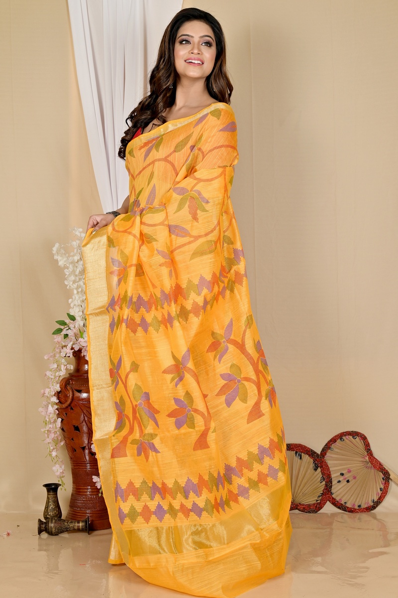 Yellow Blended Cotton Narento Hand Loom Saree (1731)