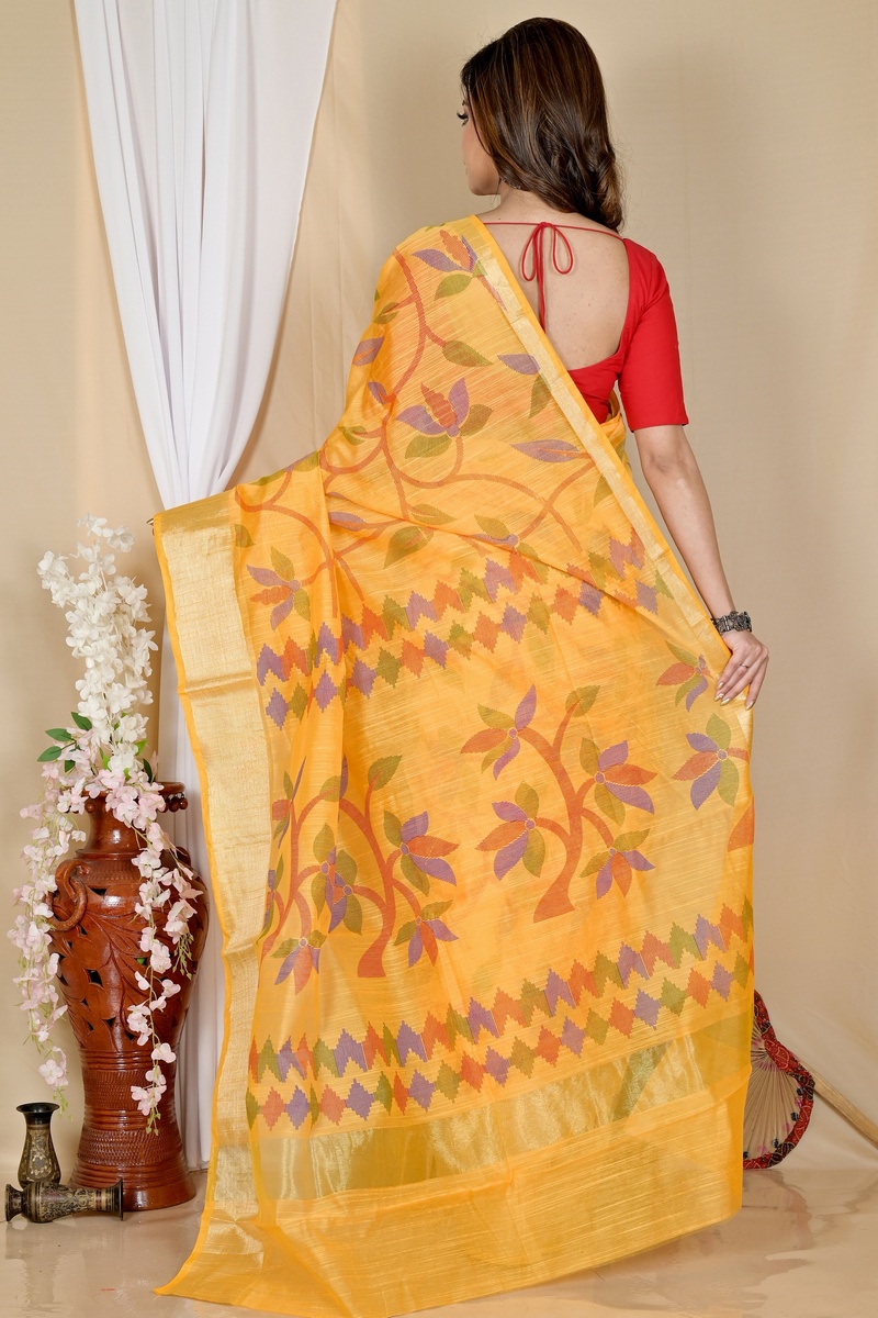 Yellow Blended Cotton Narento Hand Loom Saree (1731)