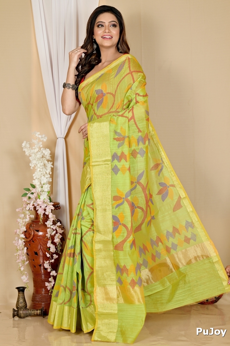 Green Blended Cotton Narento Hand Loom Saree (1732)