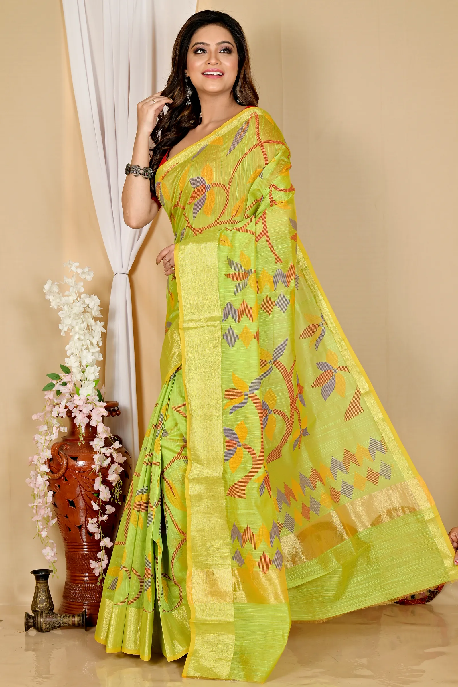 Green Blended Cotton Narento Hand Loom Saree (1732)