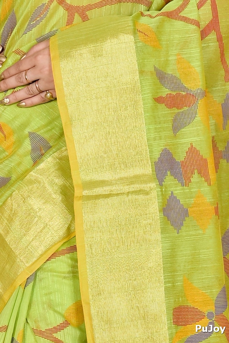 Green Blended Cotton Narento Hand Loom Saree (1732)