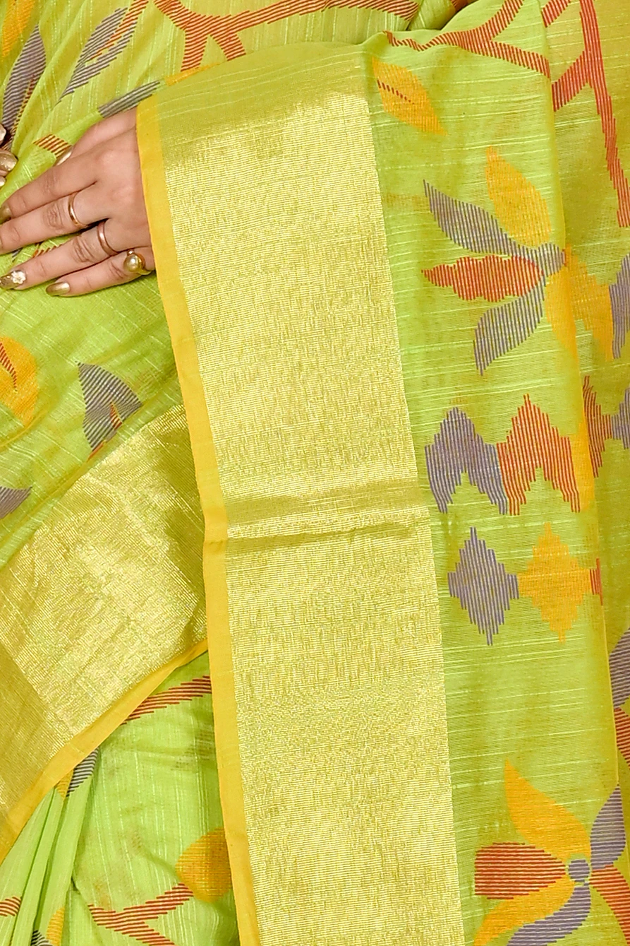 Green Blended Cotton Narento Hand Loom Saree (1732)