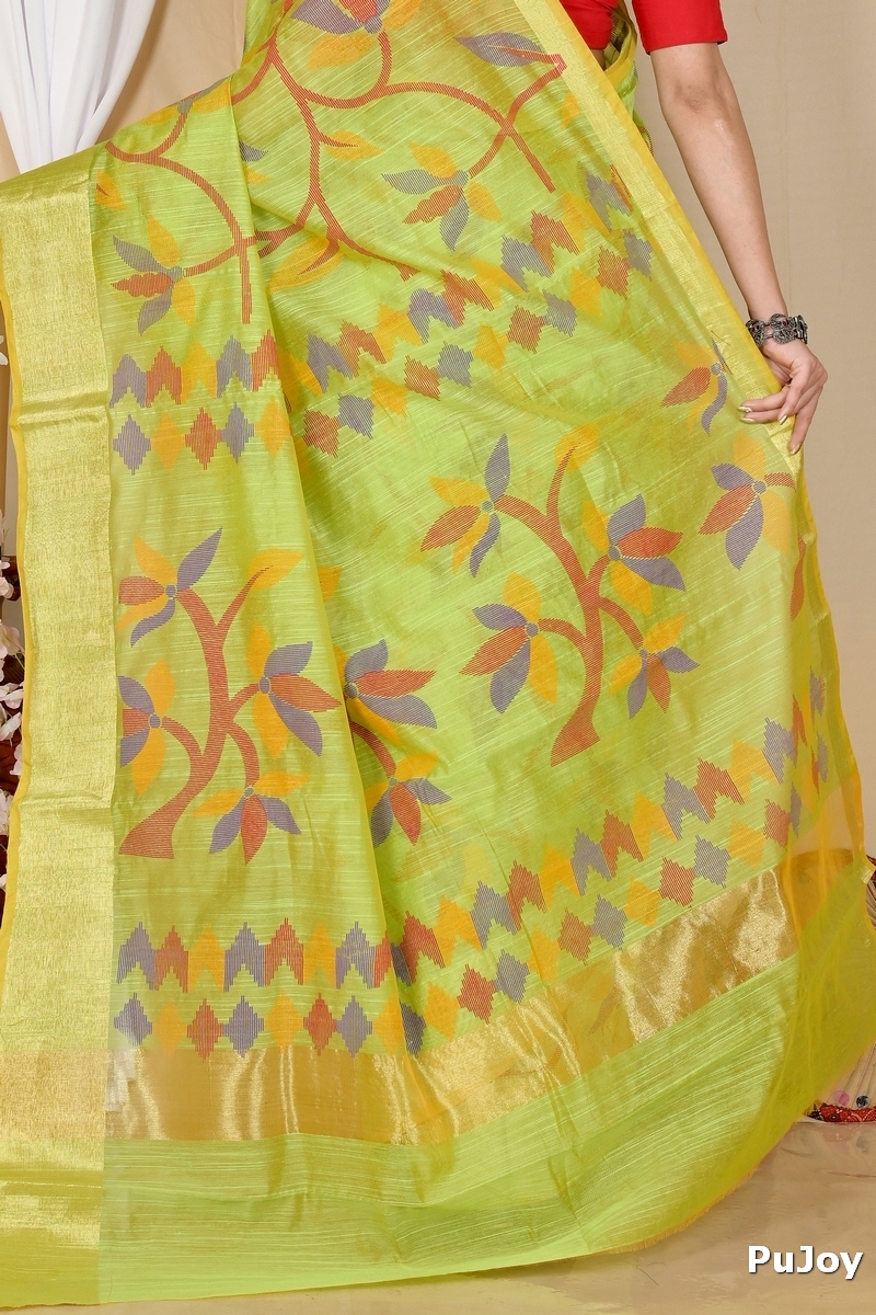 Green Blended Cotton Narento Hand Loom Saree (1732)