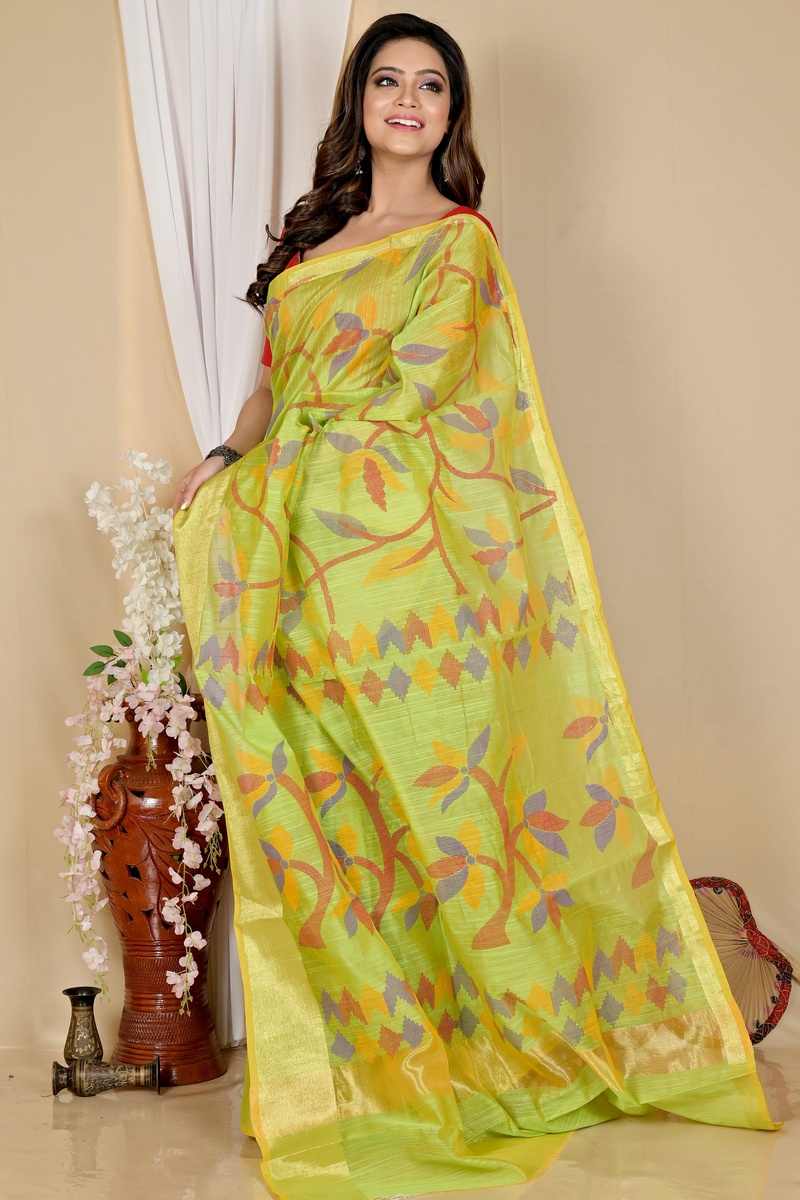 Green Blended Cotton Narento Hand Loom Saree (1732)