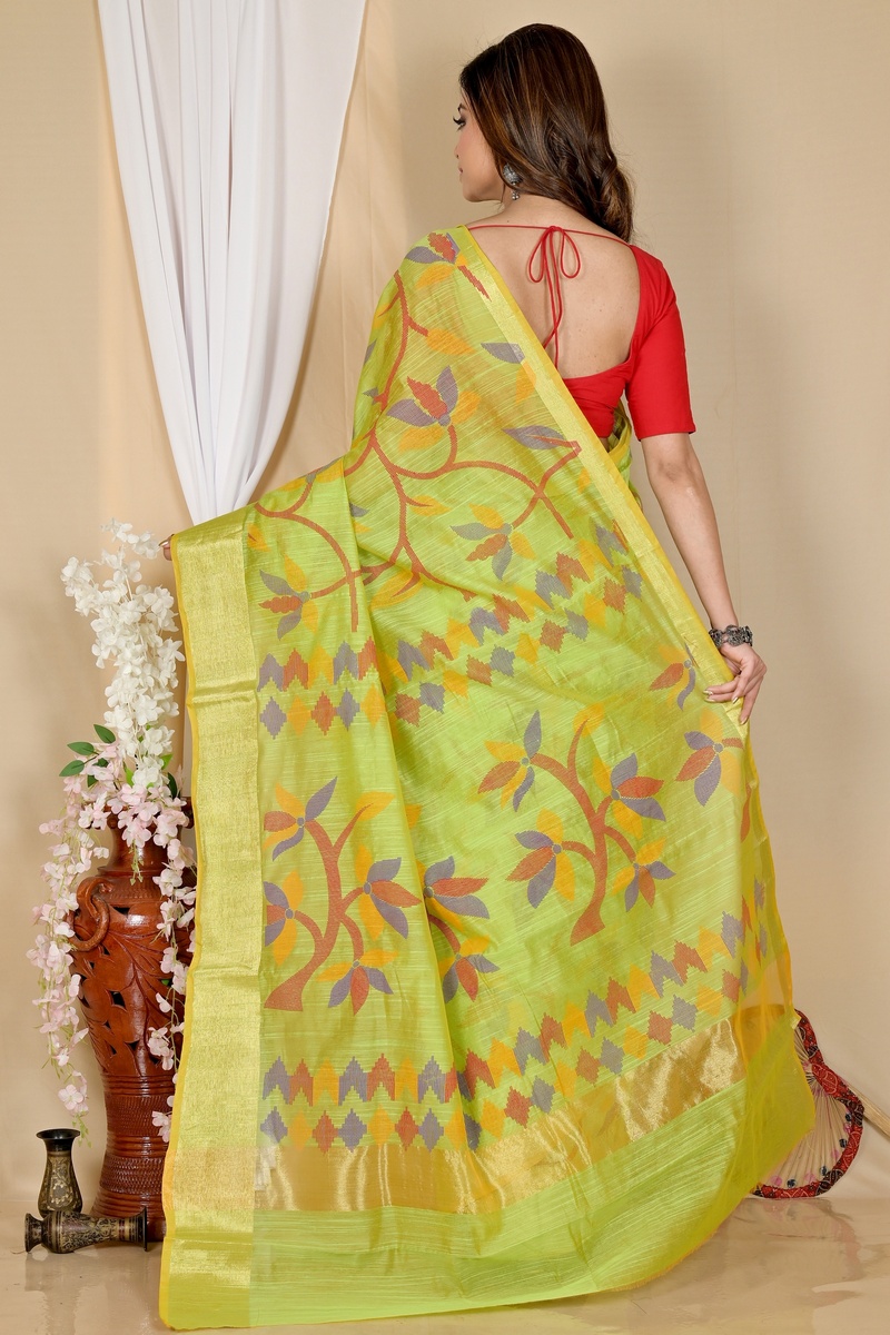 Green Blended Cotton Narento Hand Loom Saree (1732)