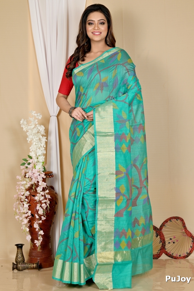 Dark Green Blended Cotton Narento Hand Loom Saree (1733)