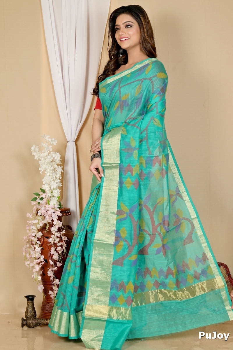 Dark Green Blended Cotton Narento Hand Loom Saree (1733)