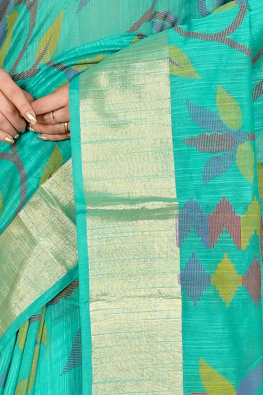 Dark Green Blended Cotton Narento Hand Loom Saree (1733)