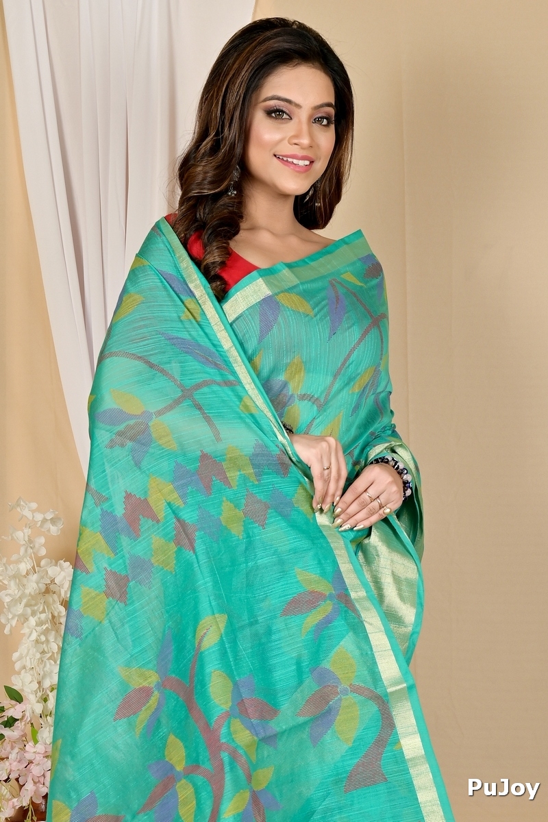 Dark Green Blended Cotton Narento Hand Loom Saree (1733)