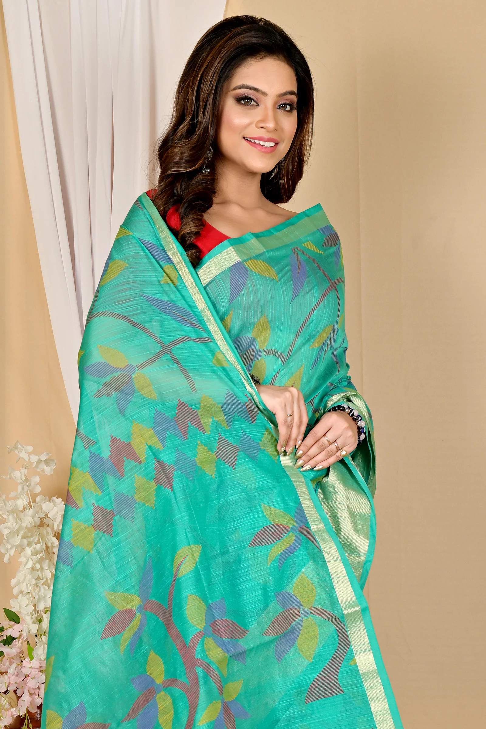 Dark Green Blended Cotton Narento Hand Loom Saree (1733)