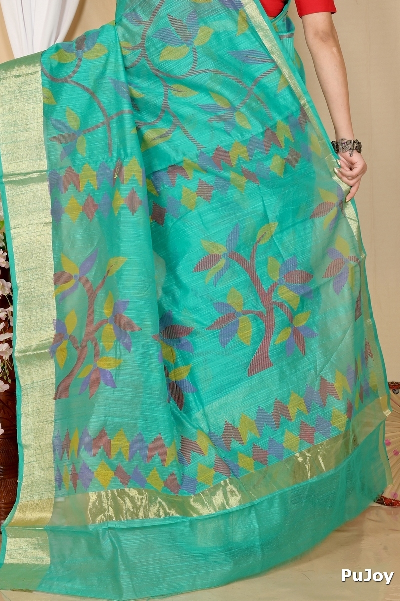 Dark Green Blended Cotton Narento Hand Loom Saree (1733)