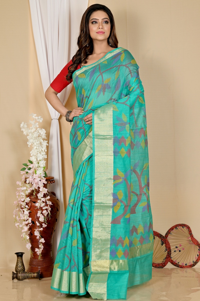 Dark Green Blended Cotton Narento Hand Loom Saree (1733)