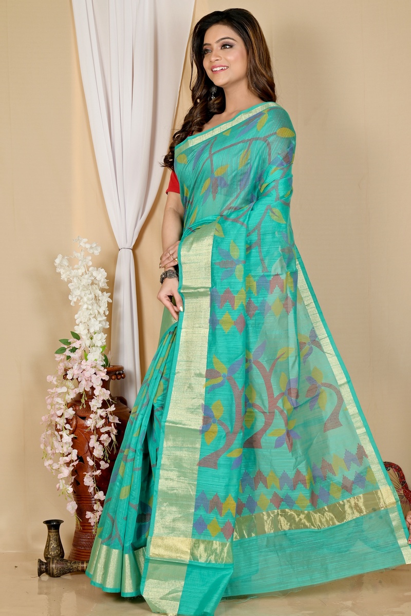 Dark Green Blended Cotton Narento Hand Loom Saree (1733)