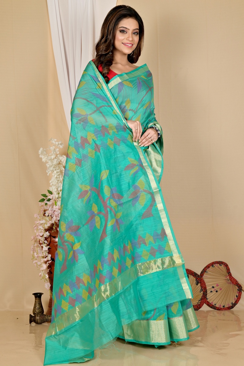 Dark Green Blended Cotton Narento Hand Loom Saree (1733)