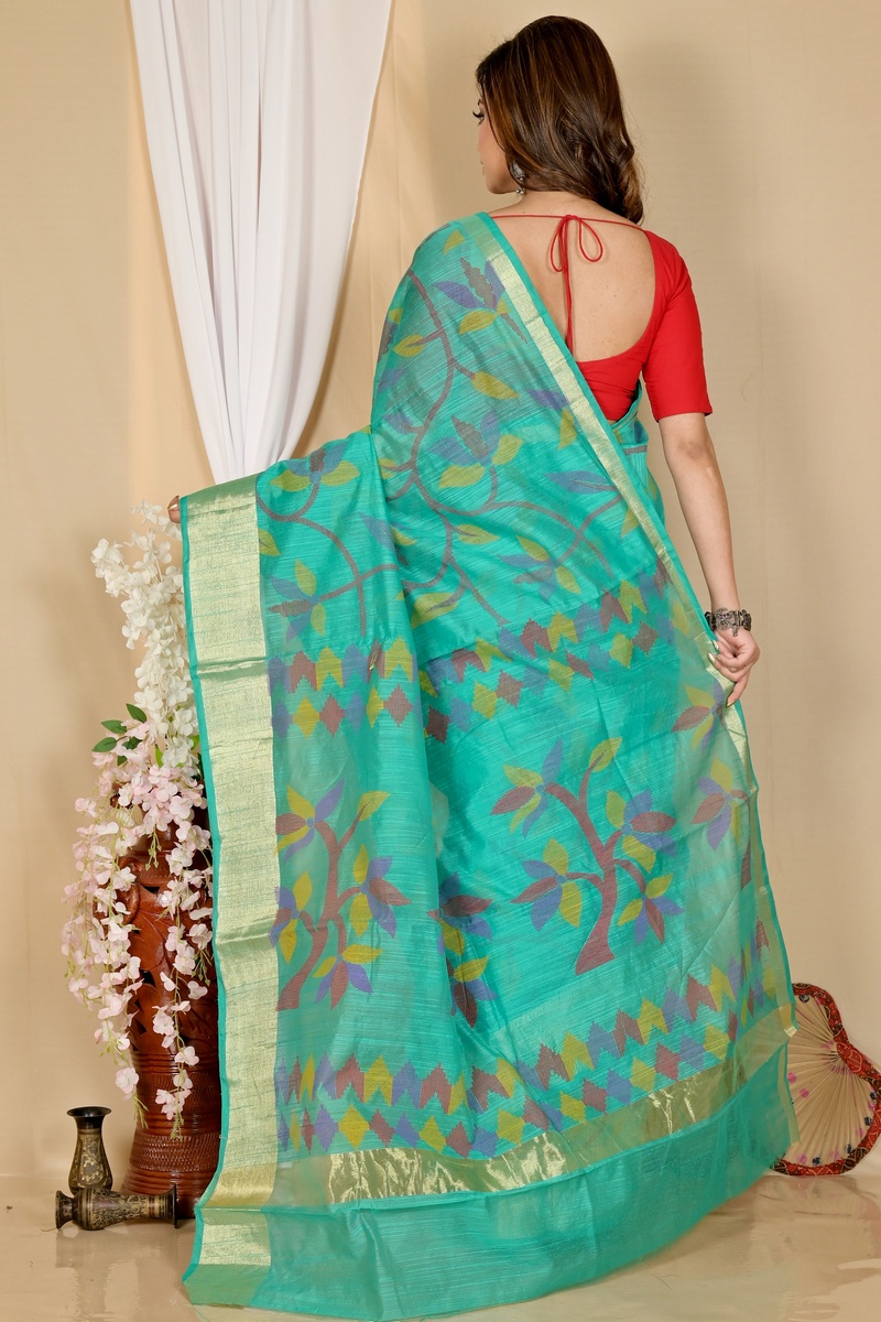Dark Green Blended Cotton Narento Hand Loom Saree (1733)