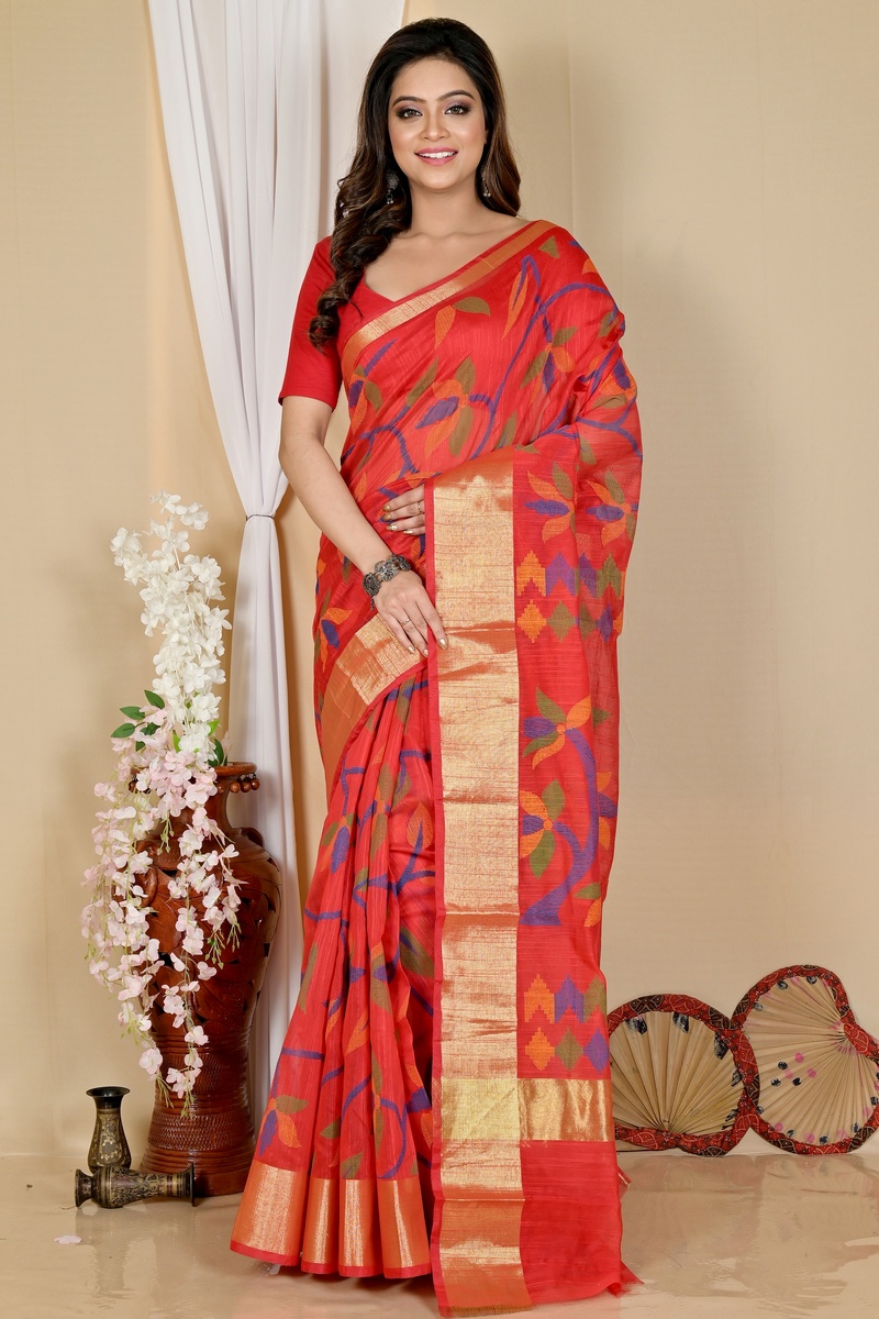 Red Blended Cotton Narento Hand Loom Saree (1734)