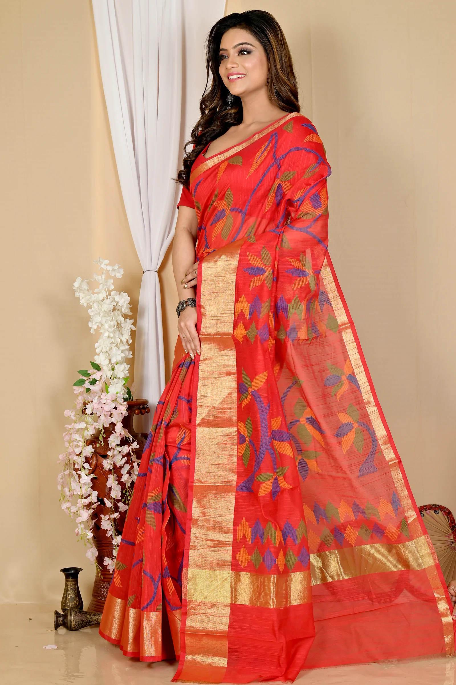 Red Blended Cotton Narento Hand Loom Saree (1734)