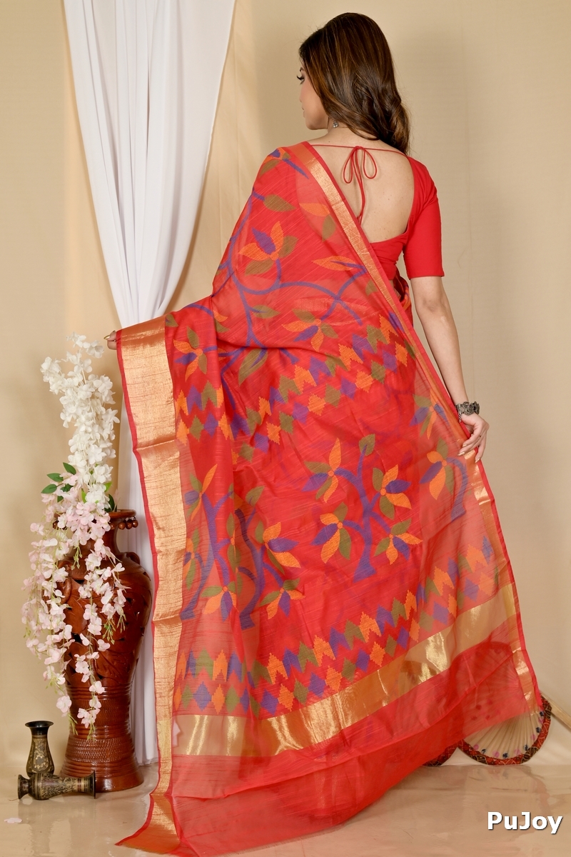 Red Blended Cotton Narento Hand Loom Saree (1734)