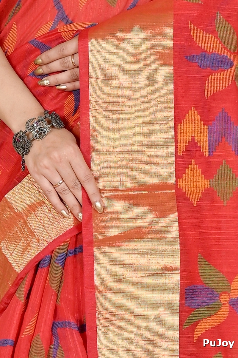Red Blended Cotton Narento Hand Loom Saree (1734)