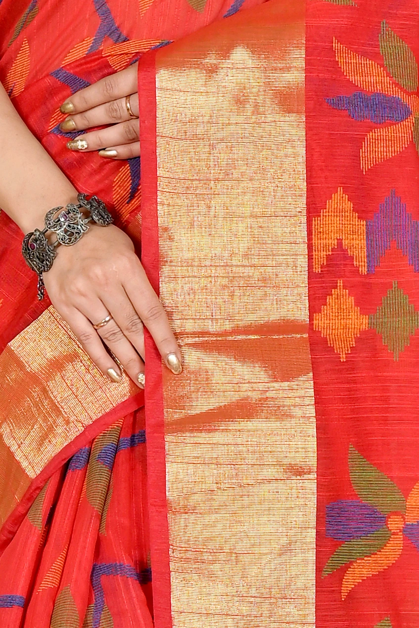 Red Blended Cotton Narento Hand Loom Saree (1734)