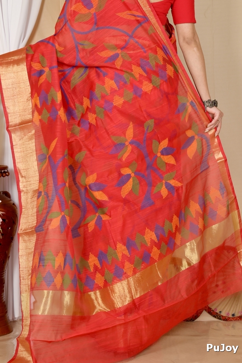 Red Blended Cotton Narento Hand Loom Saree (1734)