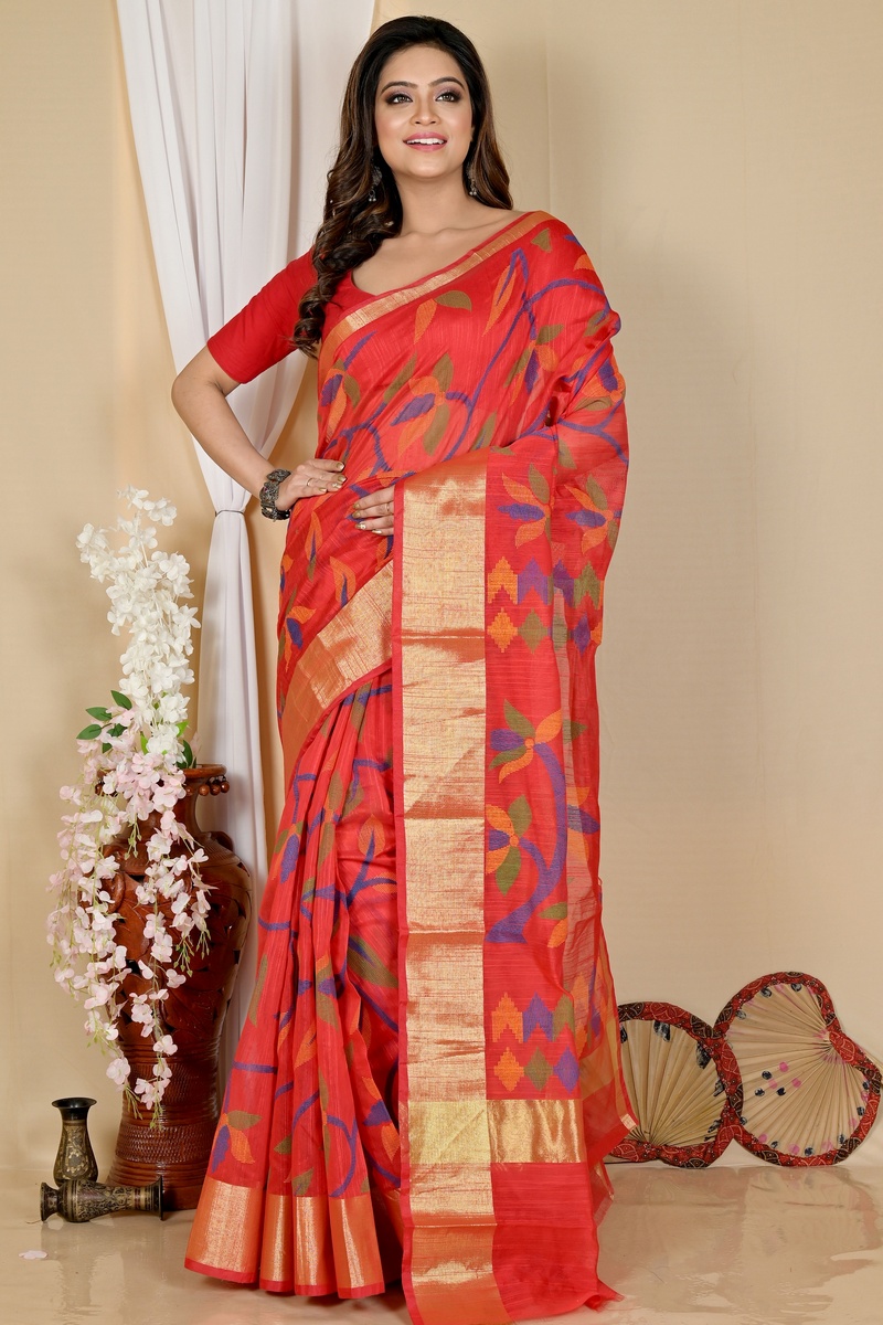 Red Blended Cotton Narento Hand Loom Saree (1734)
